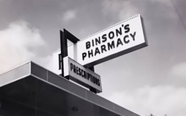 old photo of binson's pharmacy signage