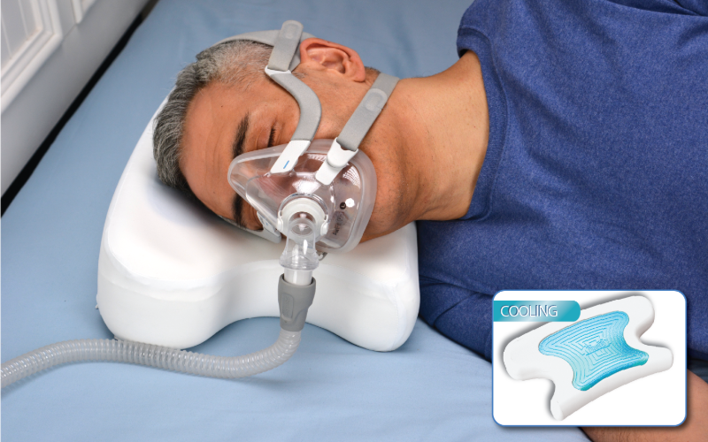 Side sleeper wearing a full face CPAP mask resting on a CoolPAP pillow with cutouts to accommodate the mask tubing, alongside an inset graphic highlighting the blue cooling gel layer for temperature control.