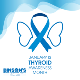 A blue-themed graphic for Thyroid Awareness Month featuring a blue ribbon styled as a butterfly, representing the thyroid gland. The text reads 