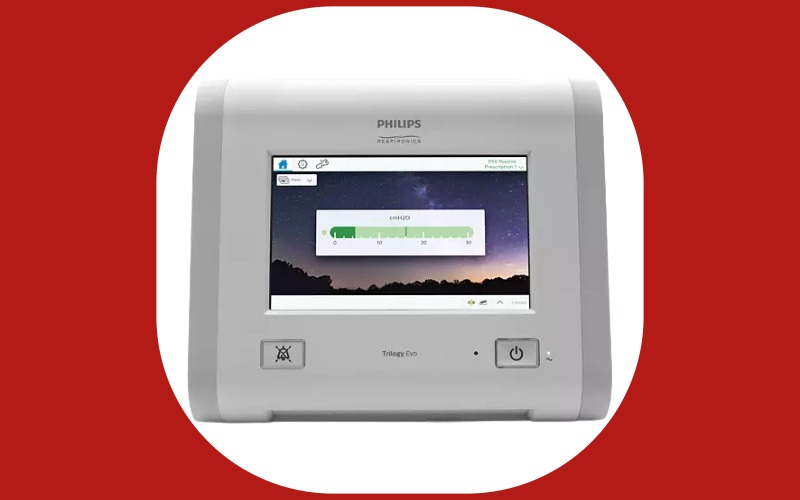 A Trilogy Evo ventilator screen displaying the software information menu as part of the Trilogy Evo Safety Update.