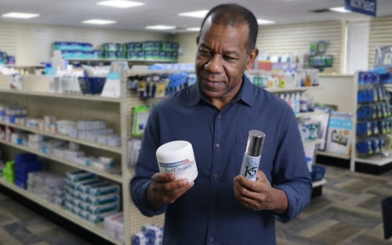 A middle-aged Black man stands in a Binson's retail store holding two skin repair products, carefully comparing the labels on a jar of Deep-Healing Foot Cream and a bottle of K5 Neuropathy Relief & Skin Repair Cream.
