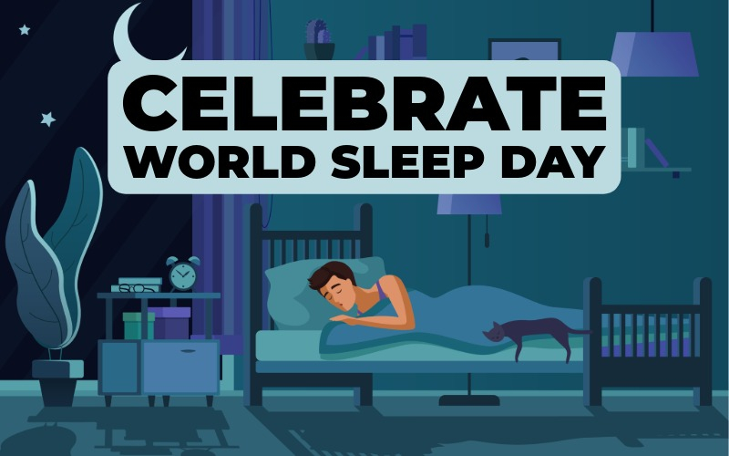 An illustration of a person with short brown hair sleeping peacefully in a bedroom at night to celebrate World Sleep Day. A dark purple cat rests at the foot of the bed while a crescent moon and stars are visible through the window.