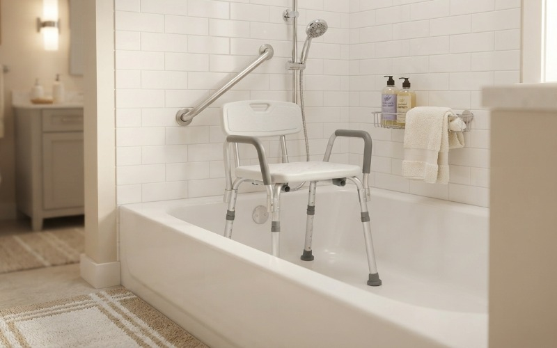 A durable white plastic shower chair with height-adjustable metal legs, non-slip rubber feet, armrests, and a backrest sits inside a white bathtub next to a grab bar.