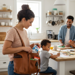 A woman packing a box of CofixRX Antiviral Nasal Solution into her brown tote bag in a bright kitchen, with her husband and two children interacting in the background.
