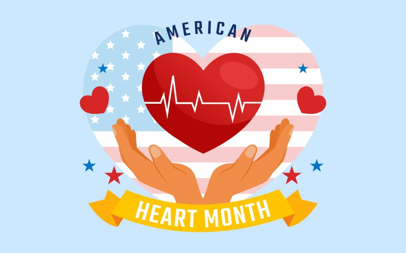 A graphic for American Heart Month featuring a red heart with a white heartbeat line being held by two hands. The background includes an American flag in a heart shape and stars, with a yellow banner that reads 
