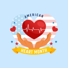 A graphic for American Heart Month featuring a red heart with a white heartbeat line being held by two hands. The background includes an American flag in a heart shape and stars, with a yellow banner that reads 