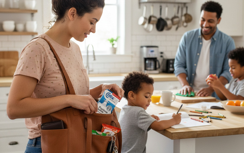 A woman packing a box of CofixRX Antiviral Nasal Solution into her brown tote bag in a bright kitchen, with her husband and two children interacting in the background.