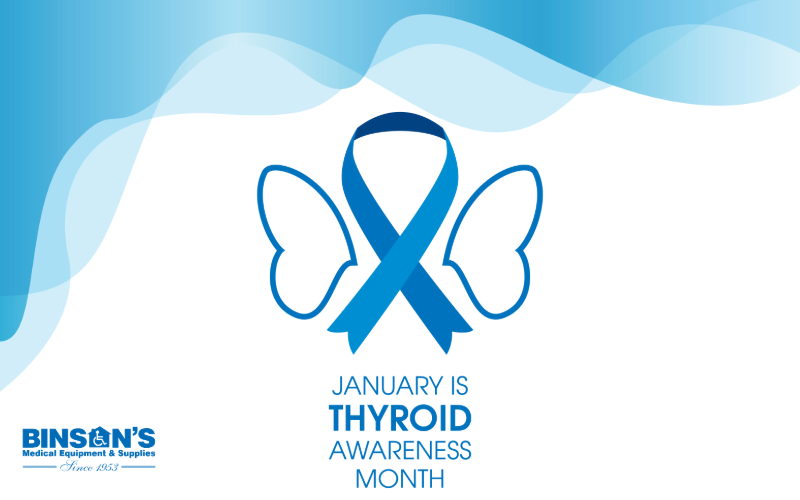 A blue-themed graphic for Thyroid Awareness Month featuring a blue ribbon styled as a butterfly, representing the thyroid gland. The text reads 