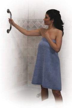 Bath Aids Product Category Woman using grab bar to get out of shower