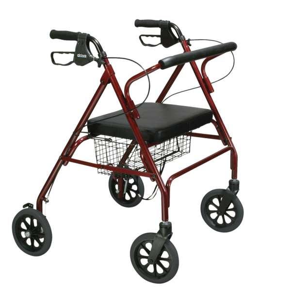 Burgundy Drive Medical four-wheel rollator walker with padded seat, backrest, and under-seat wire storage basket. Product Image