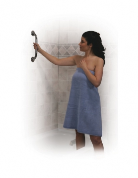 Woman using a grab bar for shower safety