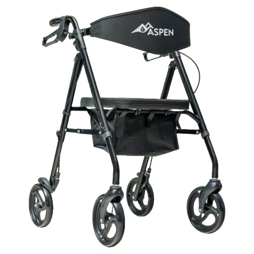 Aspen Four Wheel Rollator Black Black Aspen four-wheel rollator walker with padded seat, contoured backrest, and under-seat storage pouch set against a dark background. Product Image