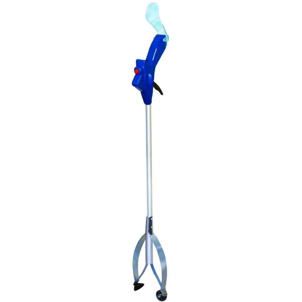 Full-length view of the Carex Ultra Grabber against a white background, highlighting its silver aluminum shaft, blue ergonomic handle, and black textured grasping claw. Product Image