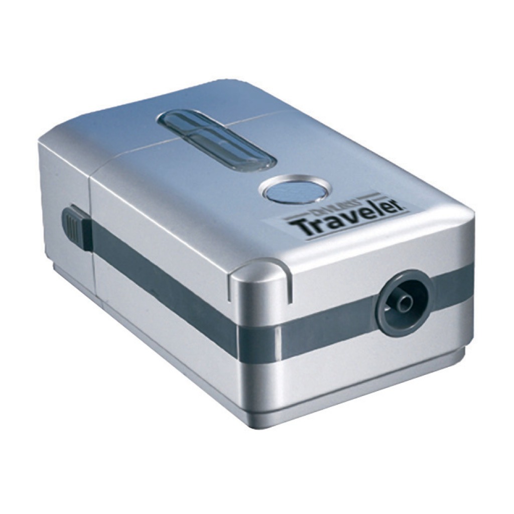 Drive DeVilbiss Traveler Portable Compressor Front View Front view of the silver Drive DeVilbiss Traveler portable compressor showing the air-outlet connector and power button. Product Image