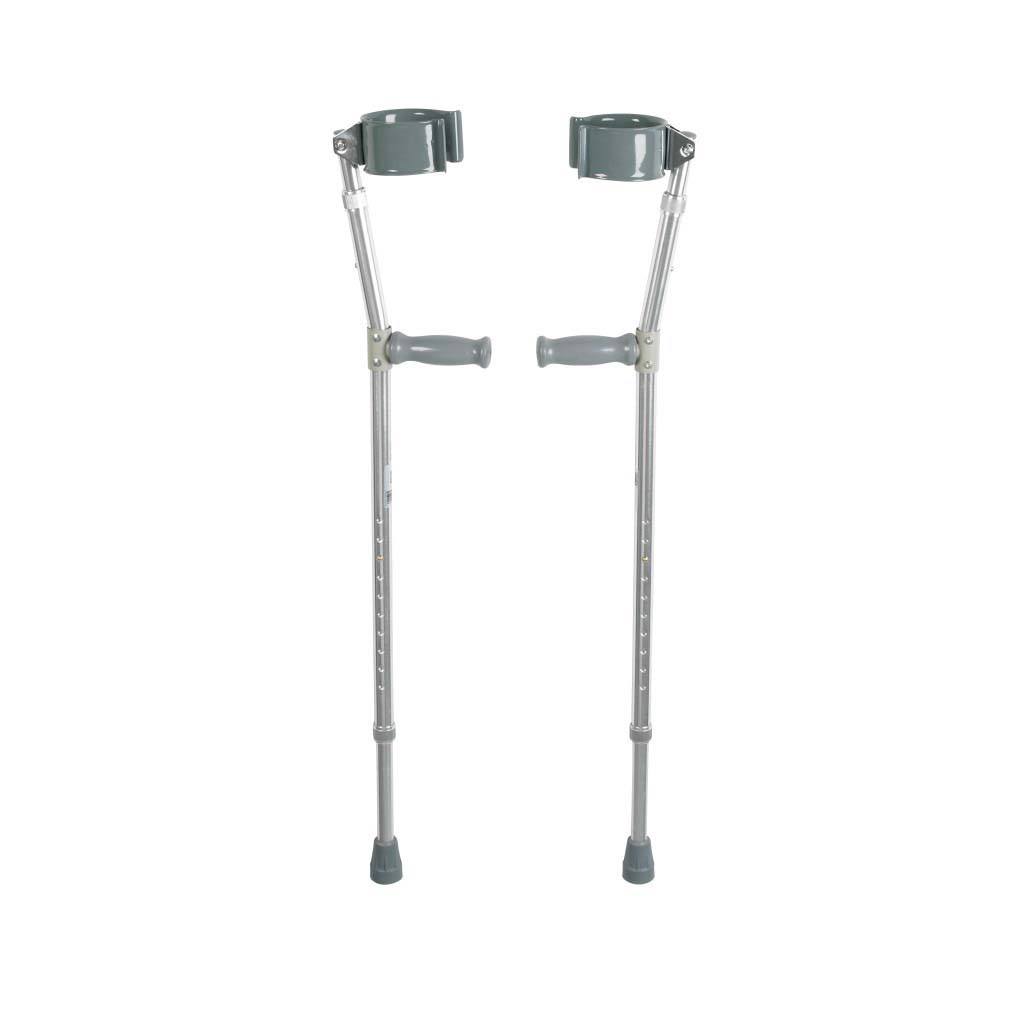 Pair of Drive Medical steel forearm crutches with grey arm cuffs and hand grips facing front. Product Image