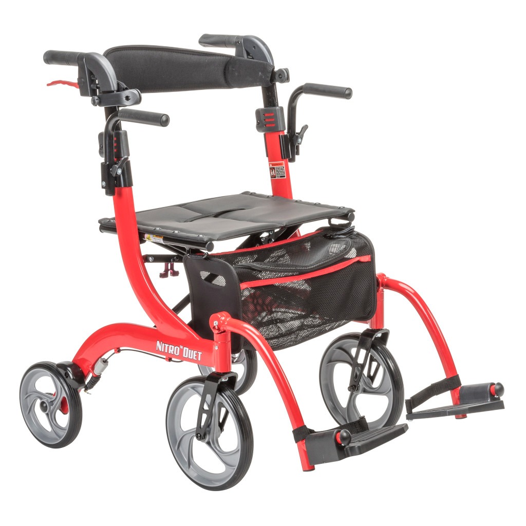 Drive Medical Nitro Duet Rollator Transport Chair Red Drive Medical Nitro Duet rollator transport chair combo with lowered footrests and storage pouch. Product Image