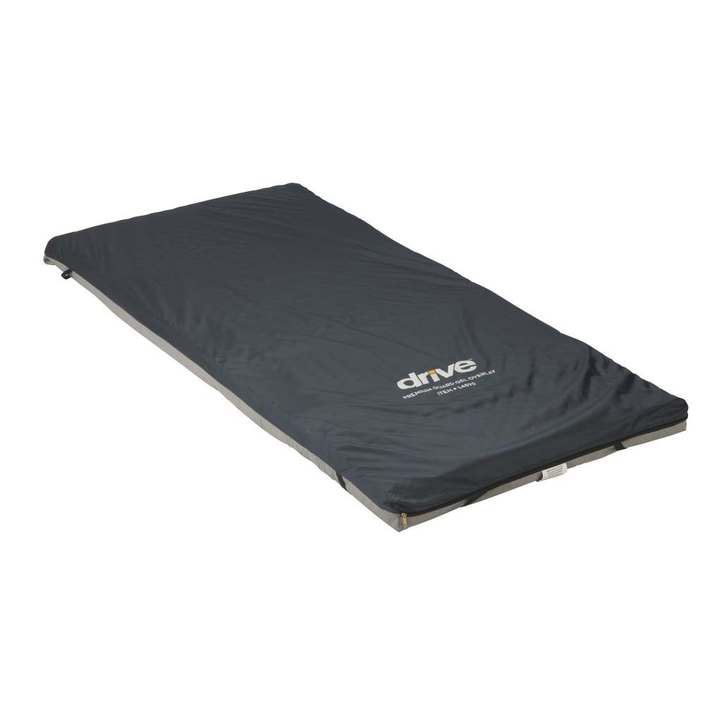Drive Medical Premium Guard Gel-Foam Overlay Covered Drive Medical Premium Guard gel-foam mattress overlay inside its dark grey protective cover. Product Image