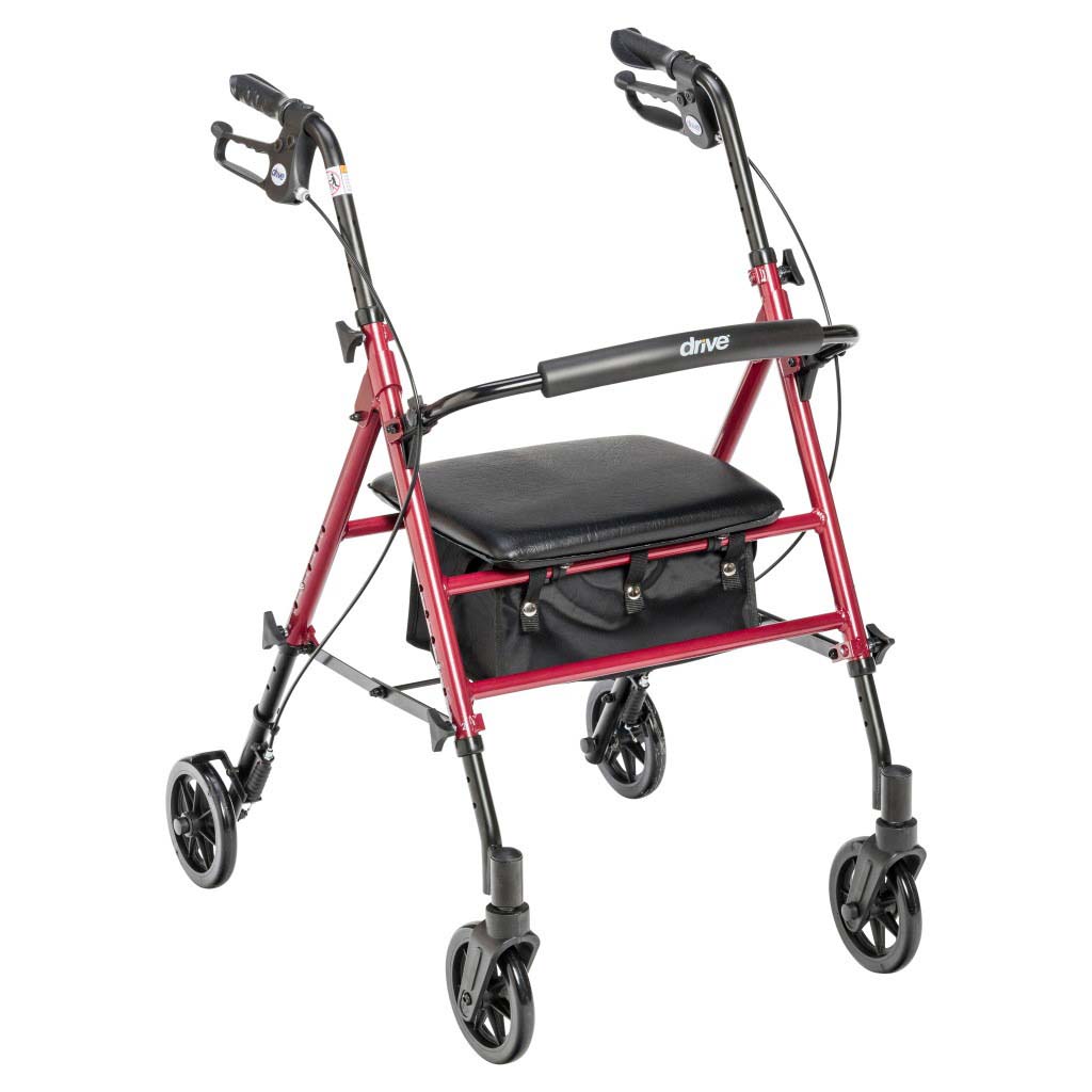 Drive Medical Rollator Three-Quarter View Three-quarter view of the red Drive Medical rollator walker with black seat and under-seat storage. Product Image