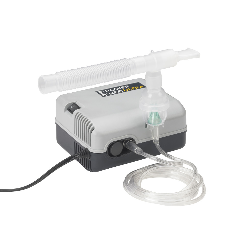 Drive Power Neb Ultra Drive Power Neb Ultra desktop nebulizer compressor unit connected to clear air tubing and mouthpiece kit on a white background Product Image