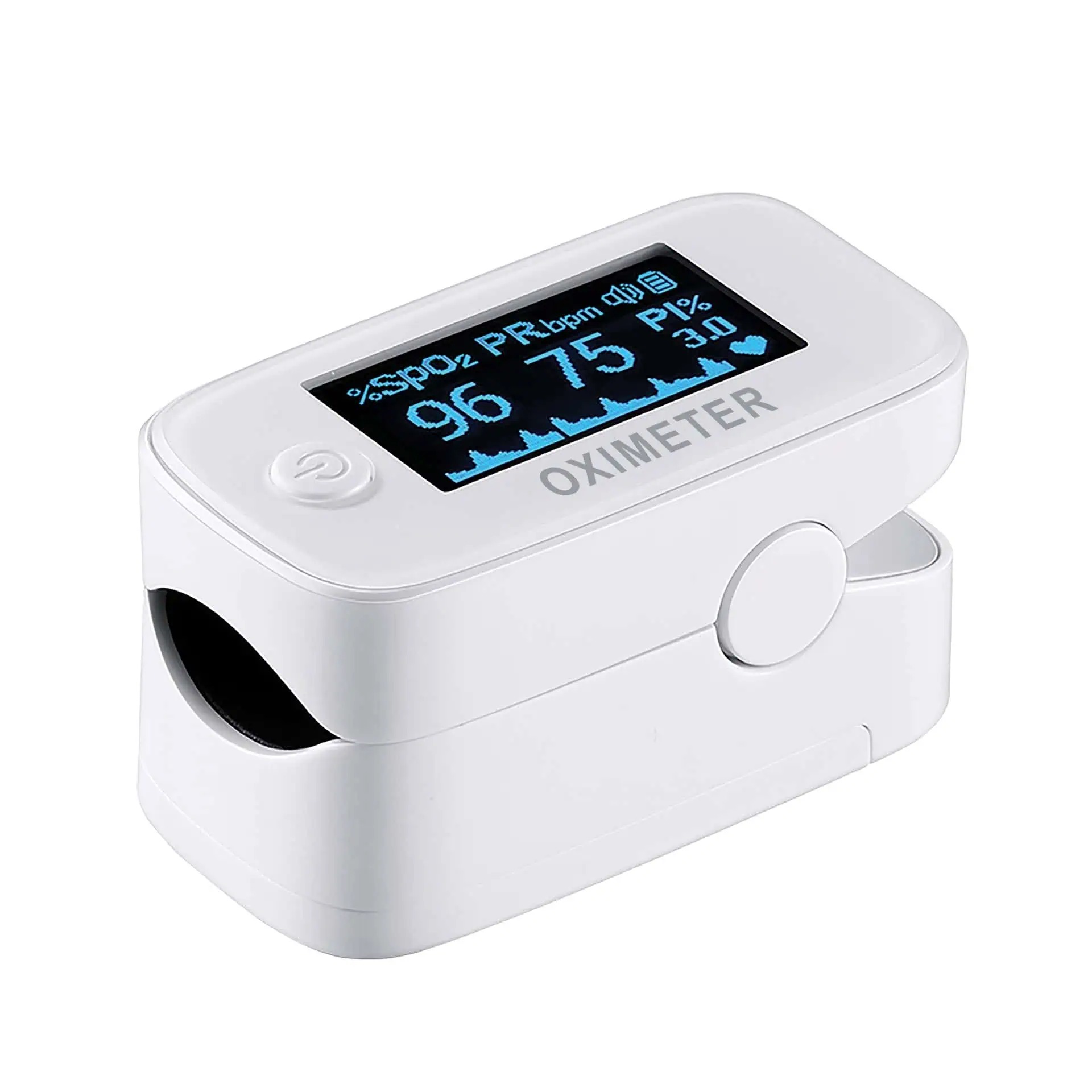 Fingertip Pulse Oximeter White fingertip pulse oximeter displaying blood oxygen saturation (SpO2) and pulse rate readings. Product Image