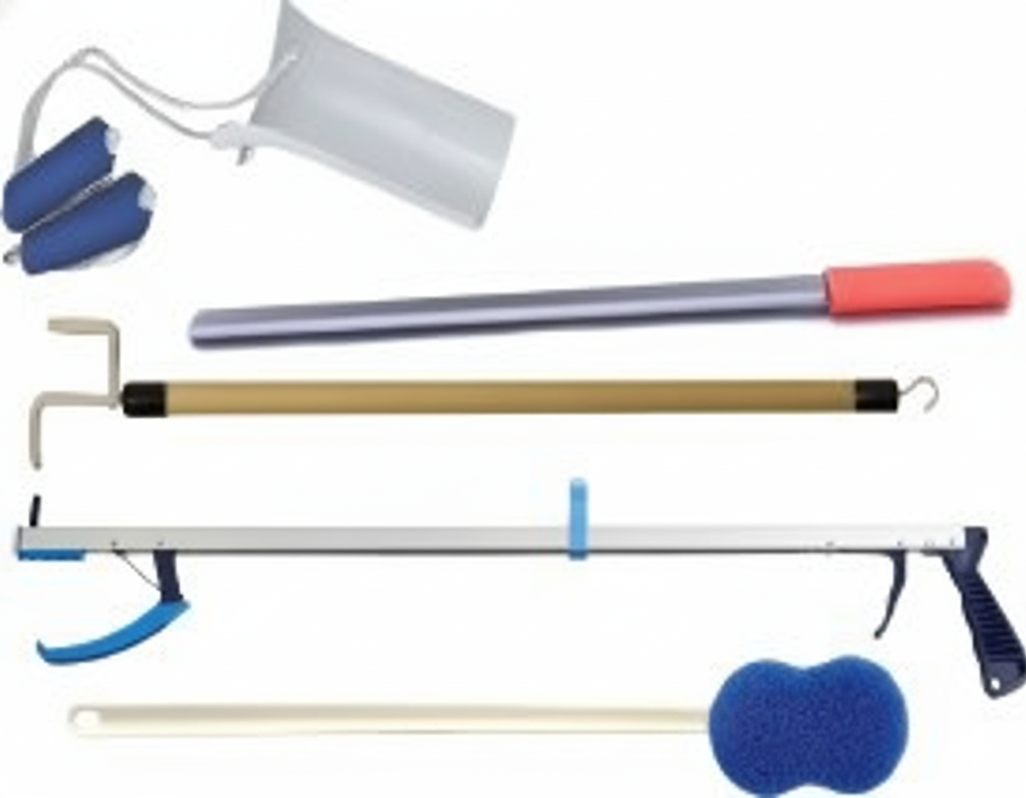 A complete Kinsman Hip Kit O set featuring a 27 inch Ergo Plus reacher, formed sock aid with foam handles, 24 inch shoehorn, dressing stick, and a long-handle bath sponge for post-surgery recovery. Product Image