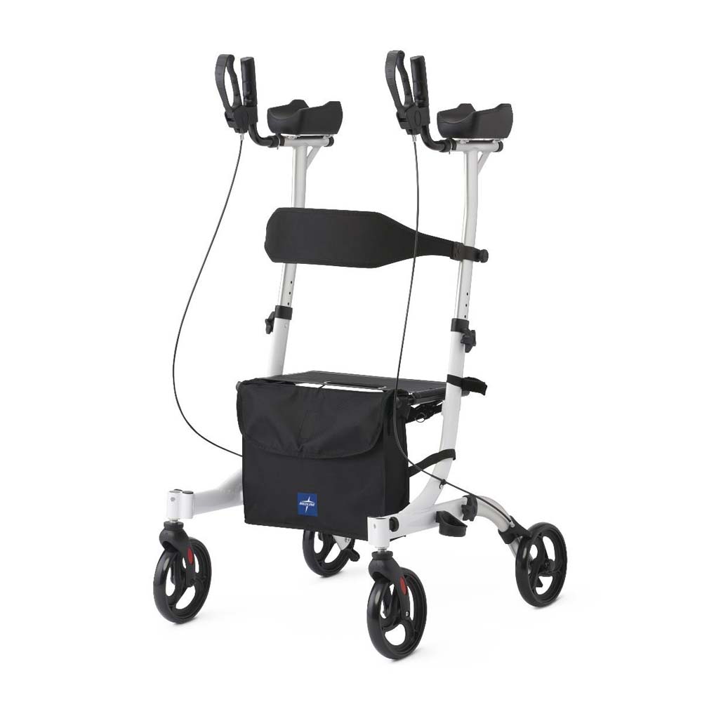 Medline Upright Aluminum Rollator Walker Medline Upright Aluminum Rollator Walker against a plain white background. Features a silver aluminum frame, padded forearm rests with vertical hand grips, a black padded seat, backrest strap, and a front storage pouch. Product Image