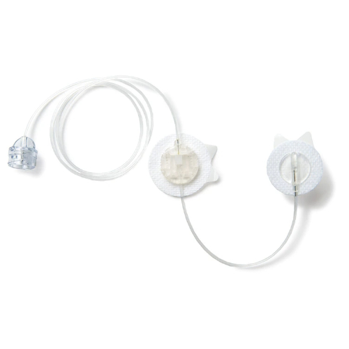 MiniMedâ„¢ Sure-Tâ„¢ Infusion Set Close-up of a Medtronic MiniMed Sure-T infusion set featuring a thin steel needle and extra adhesive for a secure connection. Product Image