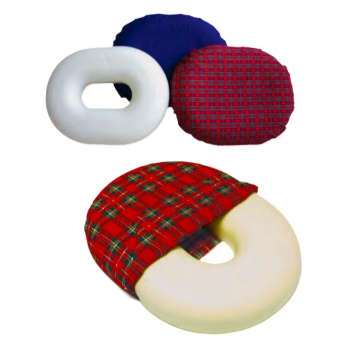 A group display of molded foam ring cushions showing the white one-piece foam interior alongside removable navy and plaid poly/cotton covers to demonstrate the product's internal support and external washable protective layers. Product Image