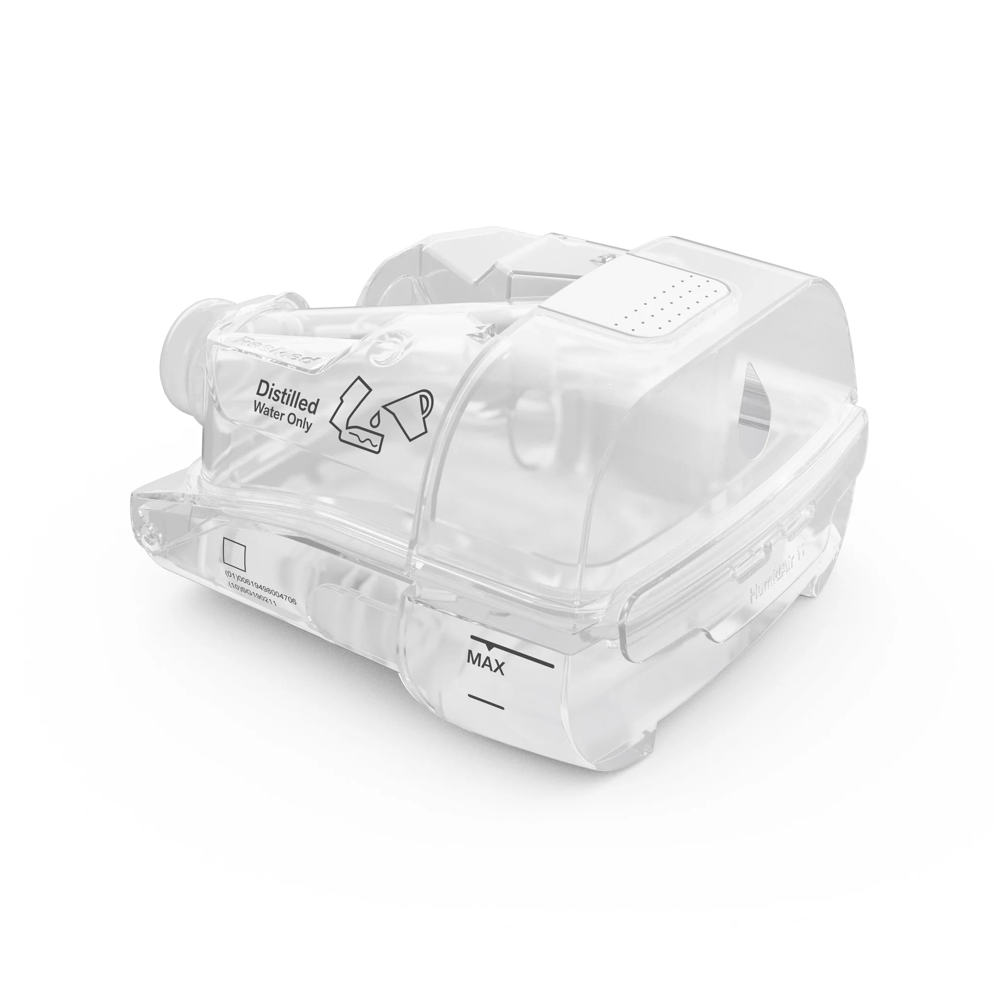Front view of the clear ResMed AirSense 11 HumidAir standard water chamber tub. Product Image