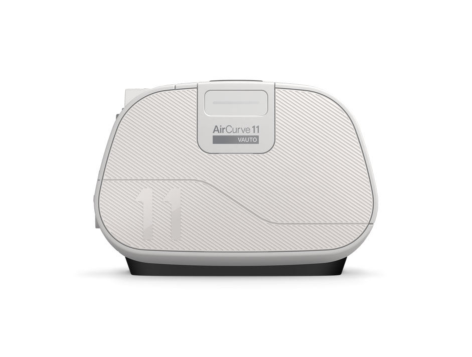 ResMed AirCurve 11 VAuto Bilevel Machine Front view product photo of a white ResMed AirCurve 11 VAuto BiPAP machine. Features a color digital touchscreen displaying menu options on the left and an attached clear humidification water chamber on the right. Product Image