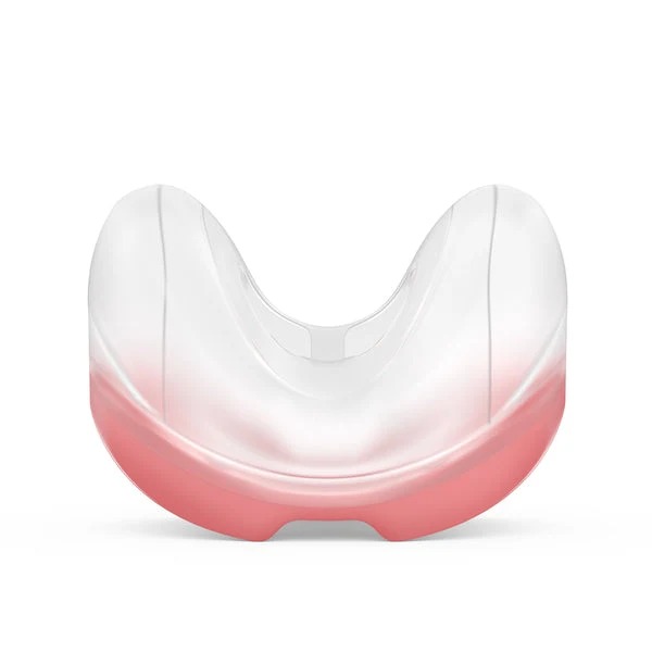 Front view of a small ResMed AirFit N30 replacement nasal cradle cushion with red-pink base. Product Image