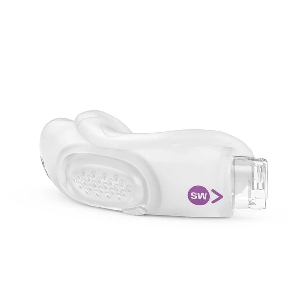 resmed-airfit-n30i-replacement-nasal-cushion-small-wide Side perspective view of a Small Wide ResMed AirFit N30i replacement nasal cradle cushion with purple size label. Product Image