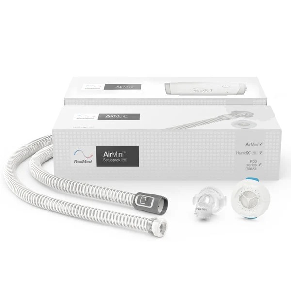 ResMed AirMini Setup Pack for AirFit F20 full face masks showing product box, tubing, adapter, and HumidX module. Product Image