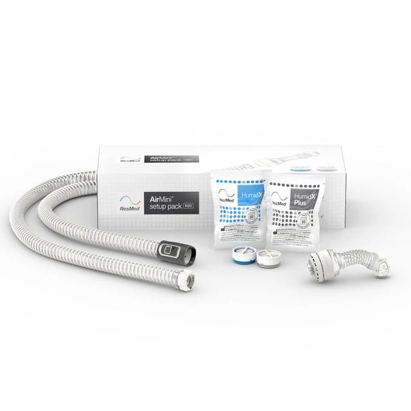 ResMed AirMini Setup Pack for N20 nasal masks showing product box, tubing, N20 connector elbow, and HumidX filters. Product Image