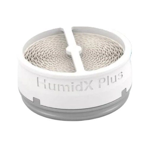 ResMed HumidX Plus waterless humidification disc filter for AirMini CPAP machines, featuring a white mesh top and grey base. Product Image