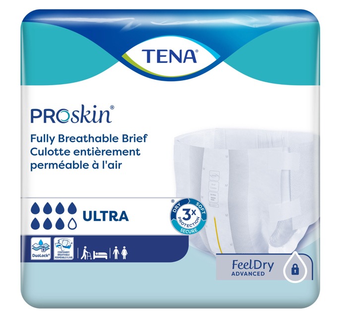 TENA ProSkin Ultra Briefs Package Front packaging of TENA ProSkin Ultra Briefs showing 3x protection for dry, soft, and secure all-day incontinence care. Product Image