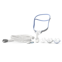 ResMed AirFit P10 nasal pillows CPAP mask kit for AirMini, including headgear, flexible tubing, HumidX filters, and extra silicone cushions.