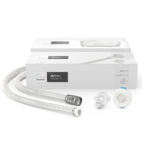 ResMed AirMini Setup Pack for AirFit F20 full face masks showing product box, tubing, adapter, and HumidX module.