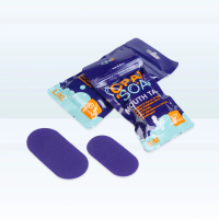 A high-quality studio shot of Nasal-Flow CPAP Mouth Tape showing two purple medical-grade adhesive strips in S/M and L/XL sizes alongside their blue and orange 31-count retail packaging.
