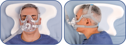 Man sleeping on back and side using CoolPAP pillow showing mask cutout clearance