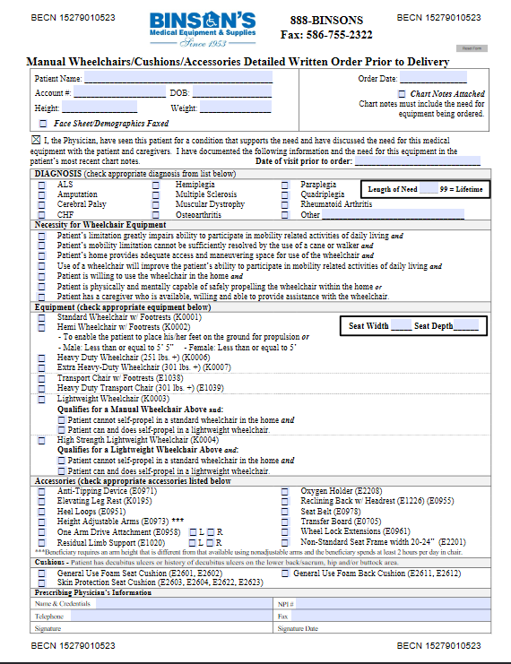 Binson's Manual Wheelchair Detailed Written Order