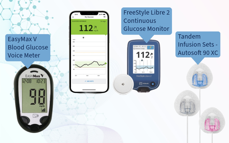 Images of Easy Max BGM, Libre 2 CGM, and Tandem Infusion Sets offered by Binson's