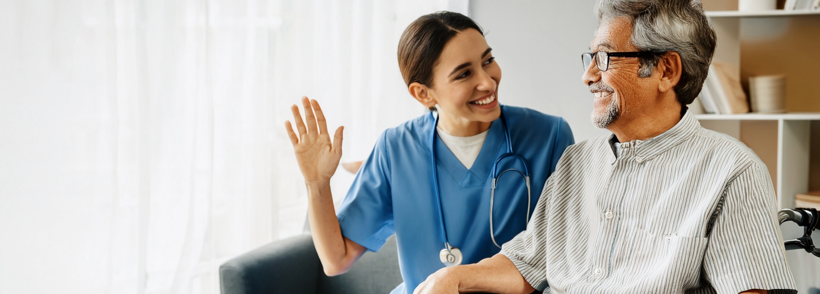 Nurse and patient waving goodbye to caregiver