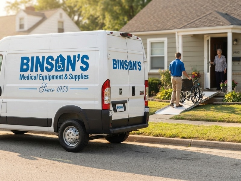 Binson's van delivering a wheelchair to a home.