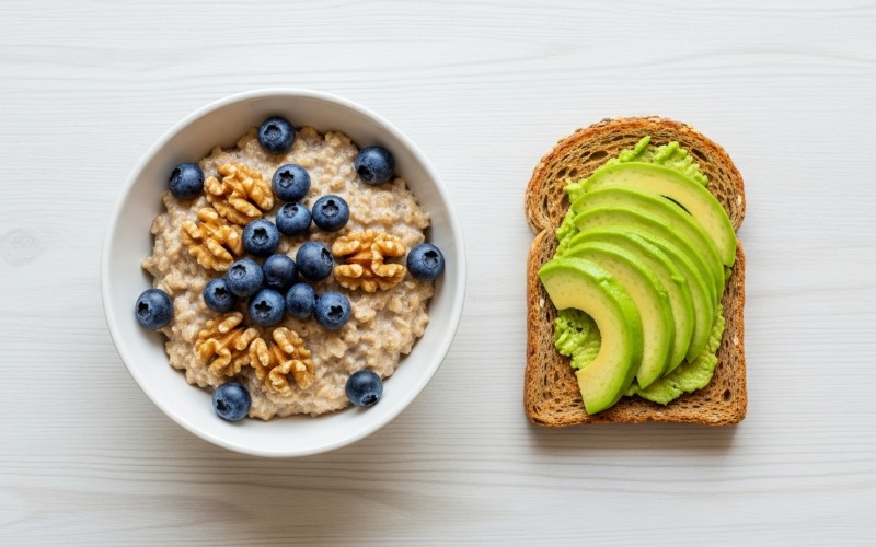 A balanced, anti-inflammatory breakfast for diabetes management, featuring a bowl of oatmeal with walnuts and blueberries and a slice of avocado toast.
