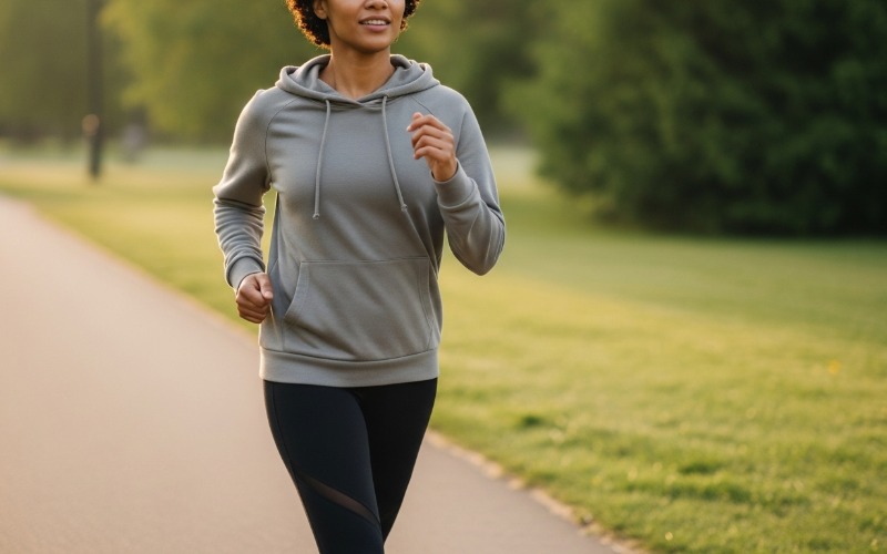 A woman takes a brisk morning walk, a healthy habit that can help with blood sugar control and diabetes management.