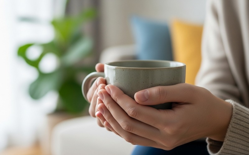 A person practices a mindful morning routine with a warm cup of tea, a healthy habit for stress reduction and diabetes management.
