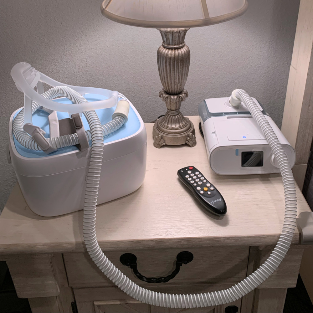 LiViliti Sanitizer with CPAP on a night stand