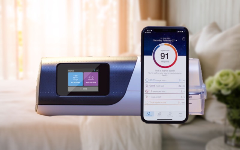 ResMed CPAP machine with the myAir App pictured