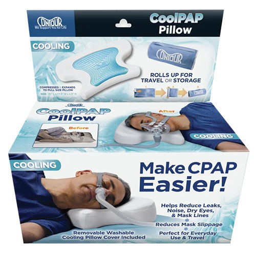 Retail packaging for the Cool PAP Pillow, an accessory featured for World Sleep Day, showing a person using the pillow with a CPAP mask and tubing. The box highlights benefits such as reducing mask leaks, noise, and dry eyes, and shows how the pillow rolls up into a compact sleeve for travel or storage.